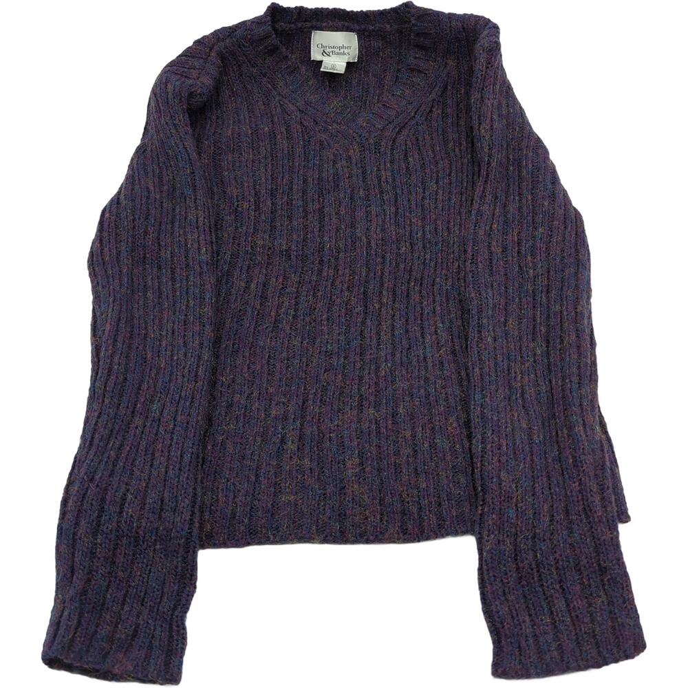 Christopher & Banks S Purple Multicolor Ribbed V-Neck Sweater